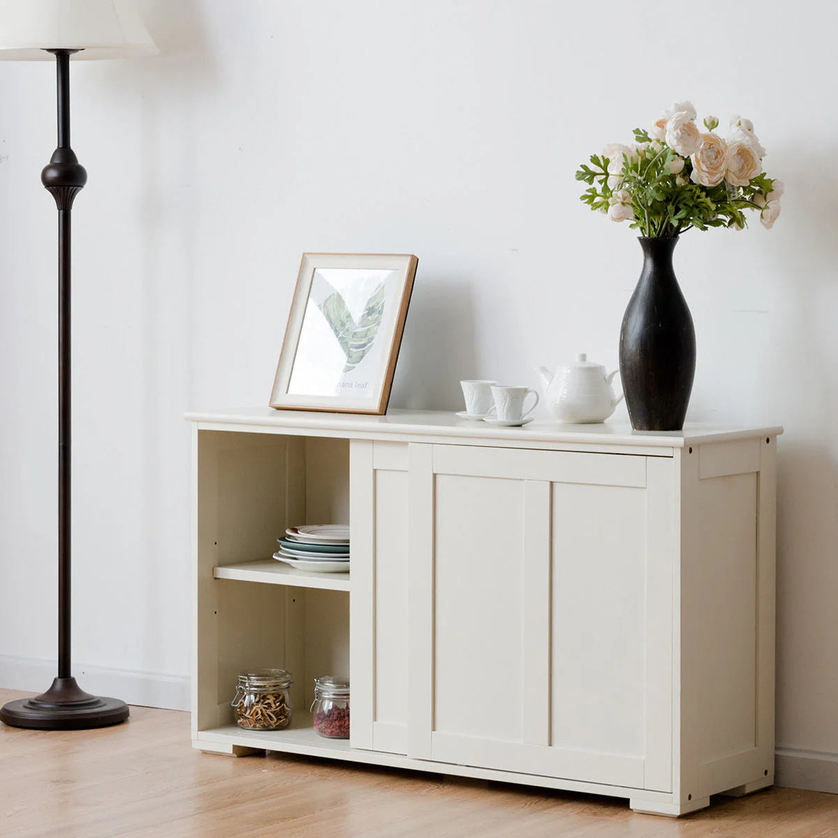 Costway Kitchen Storage Cabinet Sideboard Buffet Cupboard Wood Sliding Door Pantry Cream White - Product image 2