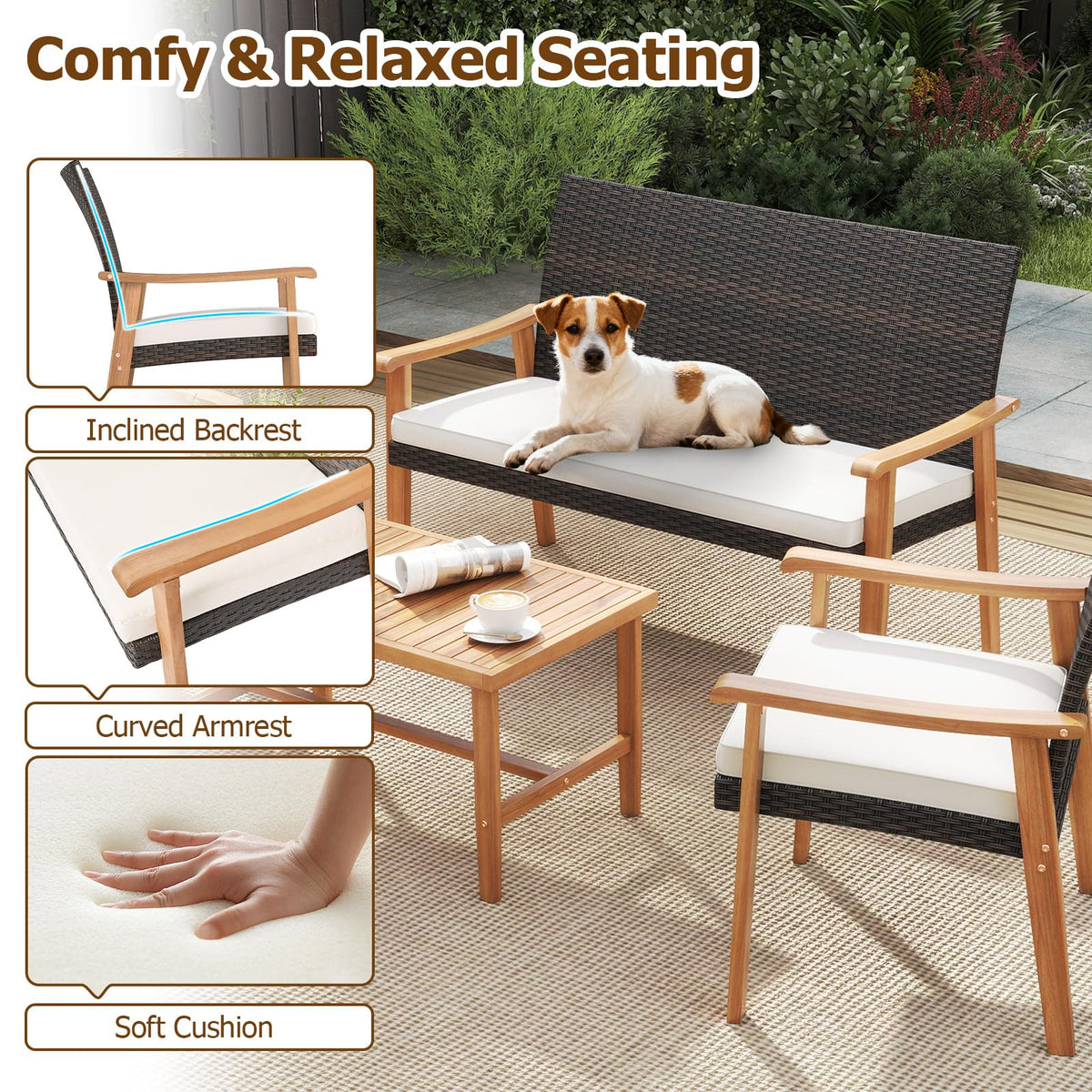 Tangkula PE Rattan Outdoor Cushioned Conversation Chairs with Acacia Wood Coffee Table - Product image 7