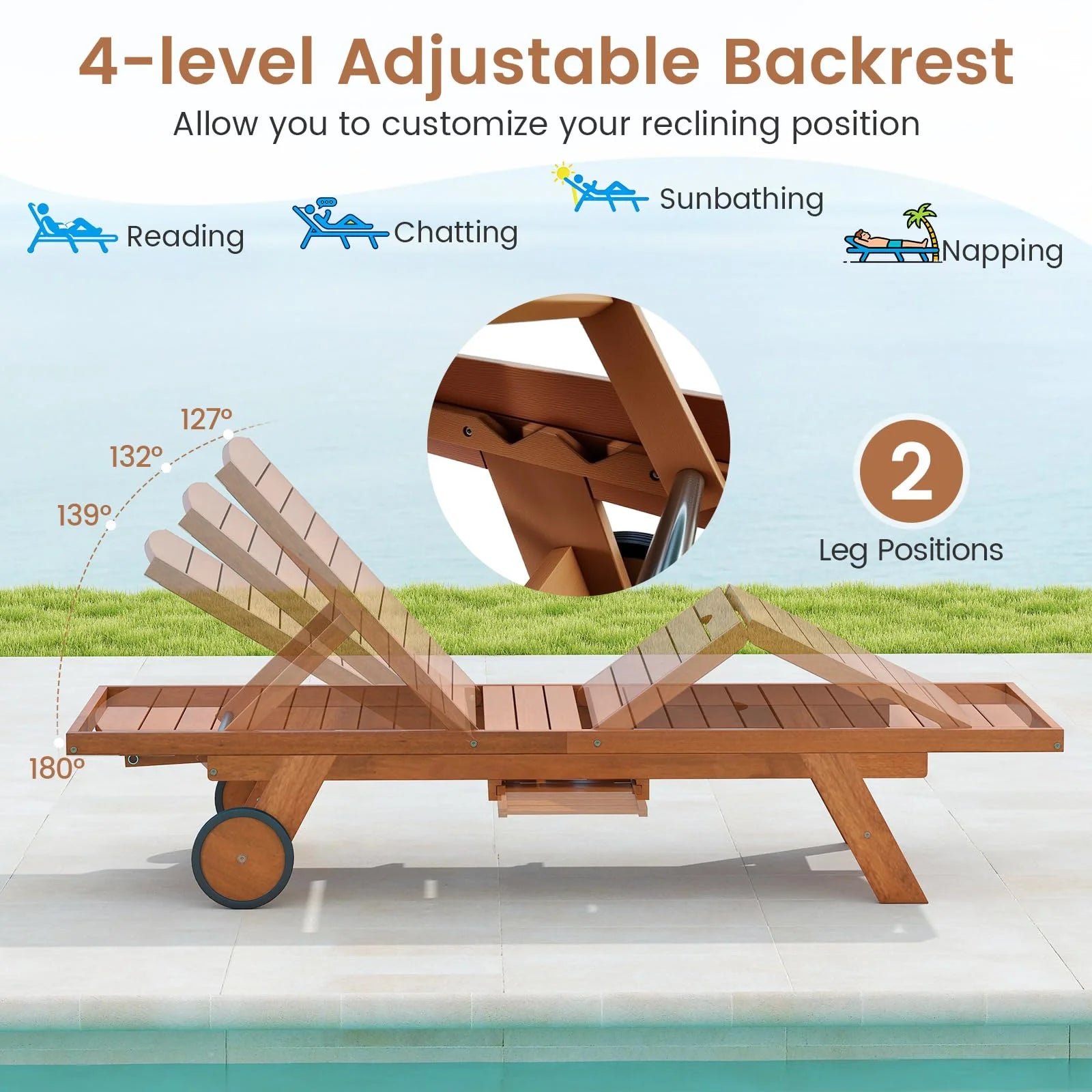 Tangkula Outdoor Chaise Lounge Chair with Wheels 4-Position Patio Wood Recliner with Adjustable Backrest - Product image 5