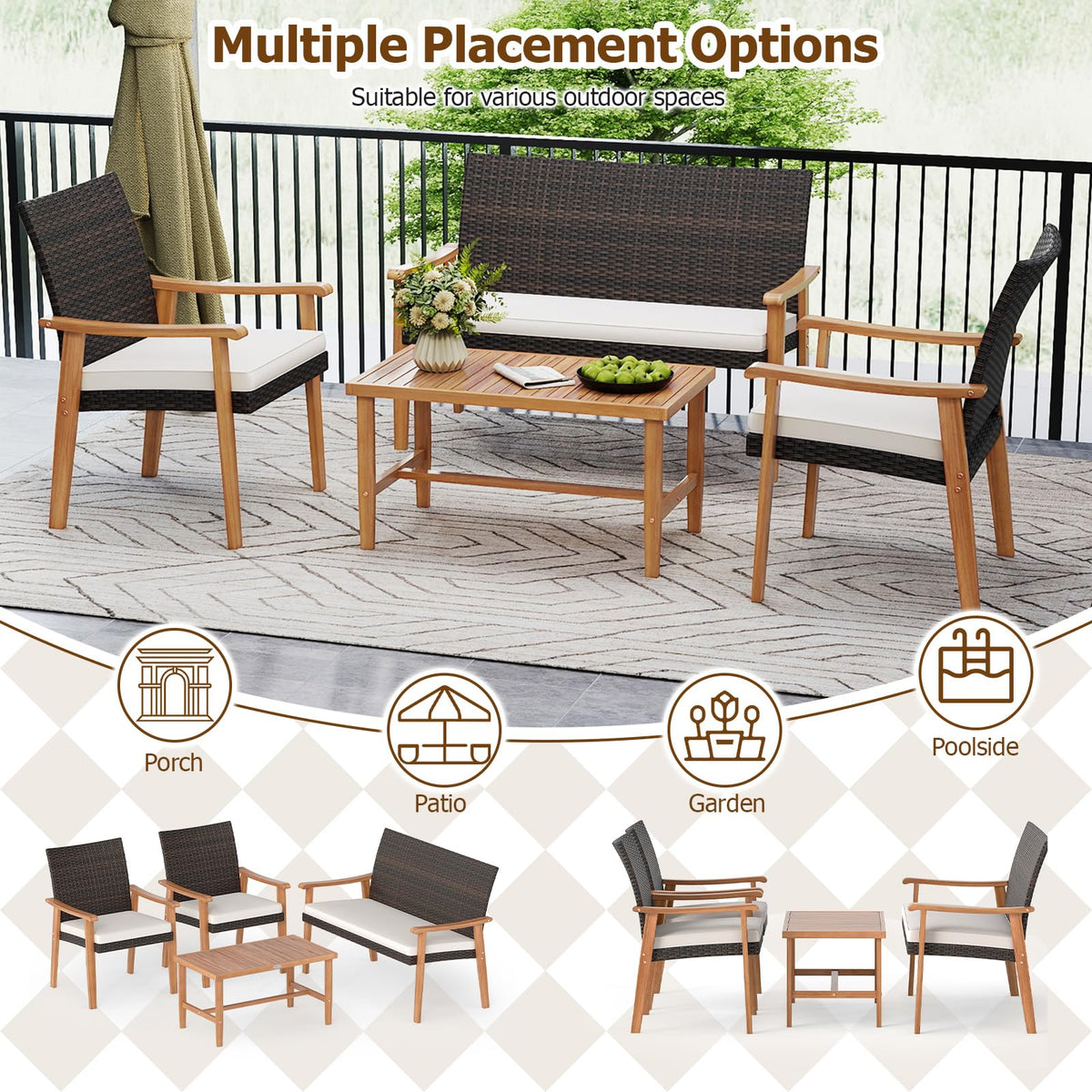 Tangkula PE Rattan Outdoor Cushioned Conversation Chairs with Acacia Wood Coffee Table - Product image 8