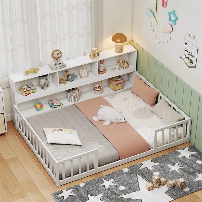 Full Size Montessori Floor Bed with Bookcase, Storage Shelves & Safety Fence Rails - Product image 12