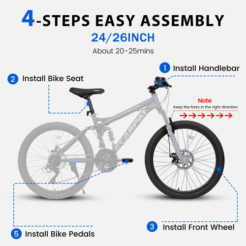 26 in Mountain Bike - 21 - Speed with Disc Brakes, Durable Frame, Front & Rear Dual - Shock Absorption, Unisex for Commuting, Travel, School & All - Terrain Cycling