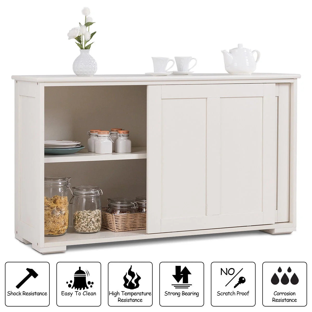 Costway Kitchen Storage Cabinet Sideboard Buffet Cupboard Wood Sliding Door Pantry Cream White - Product image 6
