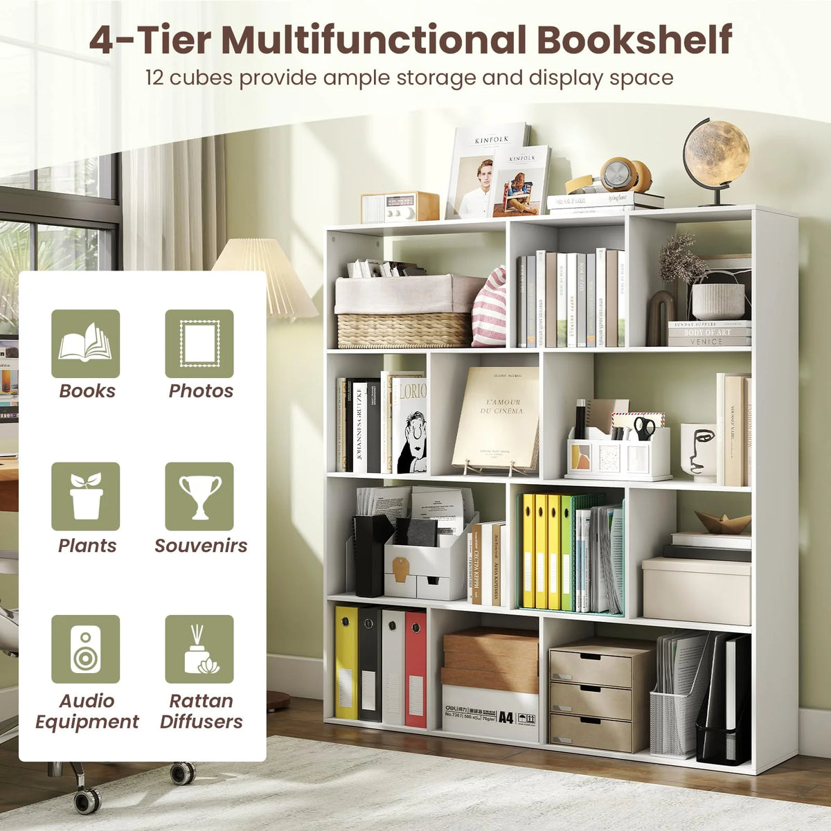 Tangkula 12 Cube 4-Tier Freestanding Storage Organizer Bookcase with Open Cubes